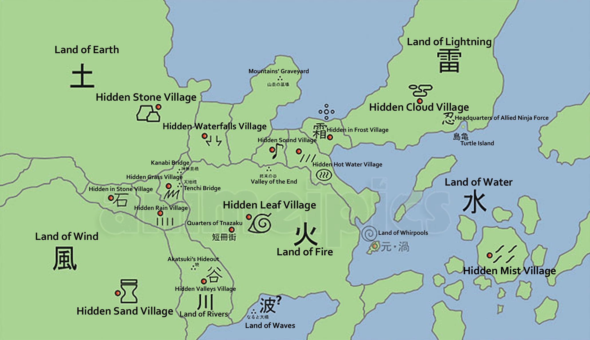 Mapa das aldeia Naruto - Märgistatud diagramm